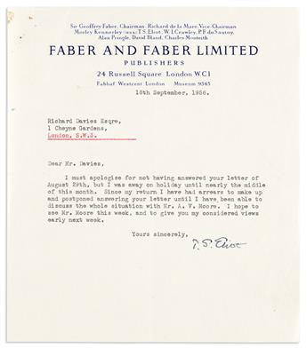 ELIOT, T.S. Two Typed Letters Signed, to Richard Davies [friend of imprisoned Ezra Pound].